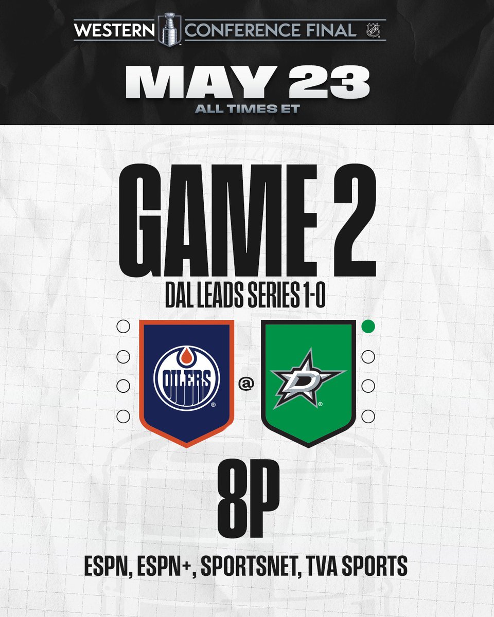 NHL (@nhl) on Twitter photo The Oilers have a chance to tie the series tonight following the Stars comeback win in Game 1... 👀 #StanleyCup
📺: <a href="/EdmontonOilers/">Edmonton Oilers</a> vs. <a href="/DallasStars/">X - Dallas Stars</a> Western Conference Final Game 2 tonight at 8p ET on <a href="/espn/">ESPN</a>, <a href="/ESPNPlus/">ESPN+</a>, <a href="/Sportsnet/">Sportsnet</a>, and <a href="/TVASports/">TVA Sports</a> The Oilers have a chance to tie the series tonight following the Stars comeback win in Game 1... 👀 #StanleyCup
📺: <a href="/EdmontonOilers/">Edmonton Oilers</a> vs. <a href="/DallasStars/">X - Dallas Stars</a> Western Conference Final Game 2 tonight at 8p ET on <a href="/espn/">ESPN</a>, <a href="/ESPNPlus/">ESPN+</a>, <a href="/Sportsnet/">Sportsnet</a>, and <a href="/TVASports/">TVA Sports</a>
