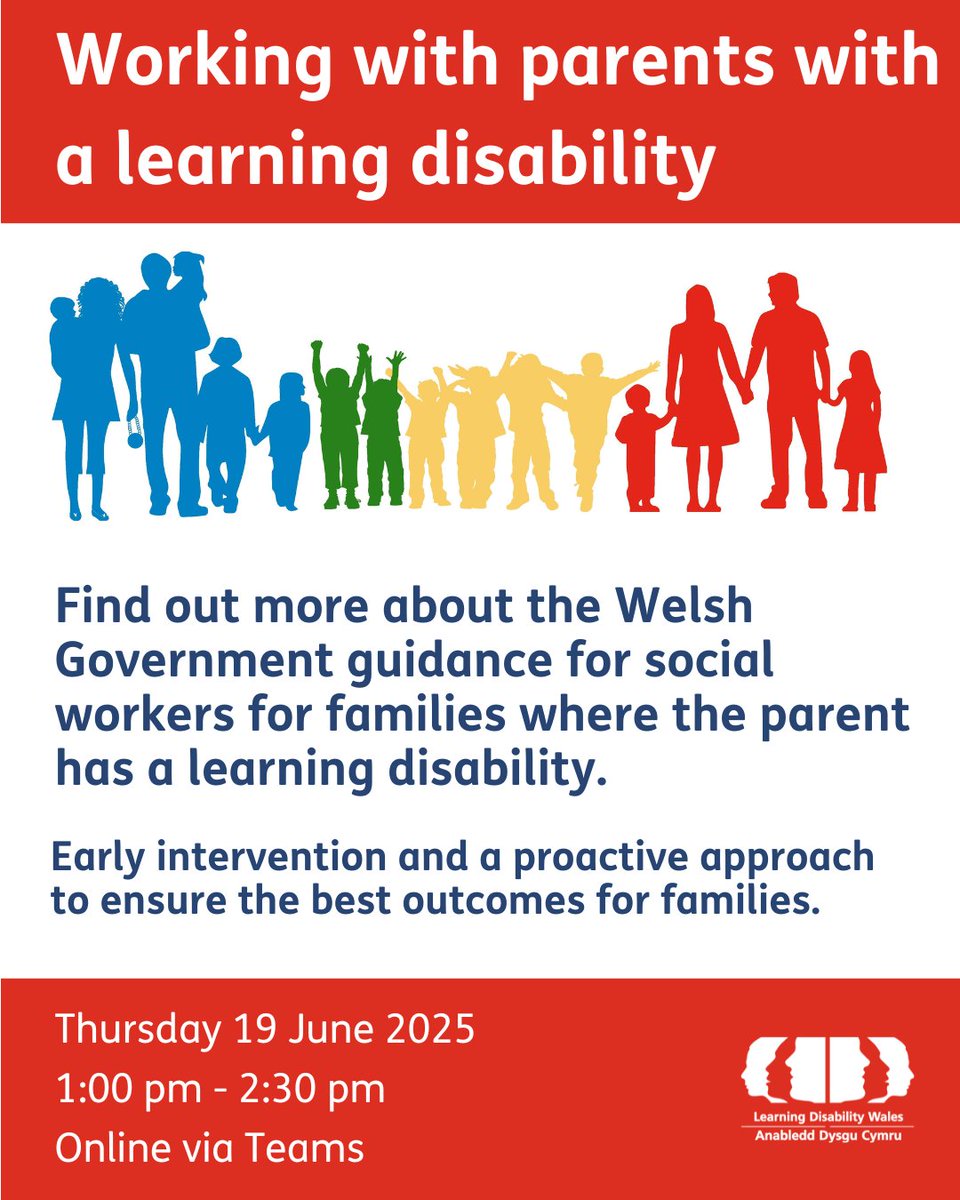 Learning Disability Wales (@ldwales) on Twitter photo Join our Teams webinar on Thursday 19 June 2025 (1pm-2.30pm) to find out more about <a href="/WelshGovernment/">Welsh Government</a> 'Guidance for social workers for families where the parent has a learning disability.'
Register via the link here: ldw.org.uk/event/working-… Join our Teams webinar on Thursday 19 June 2025 (1pm-2.30pm) to find out more about <a href="/WelshGovernment/">Welsh Government</a> 'Guidance for social workers for families where the parent has a learning disability.'
Register via the link here: ldw.org.uk/event/working-…