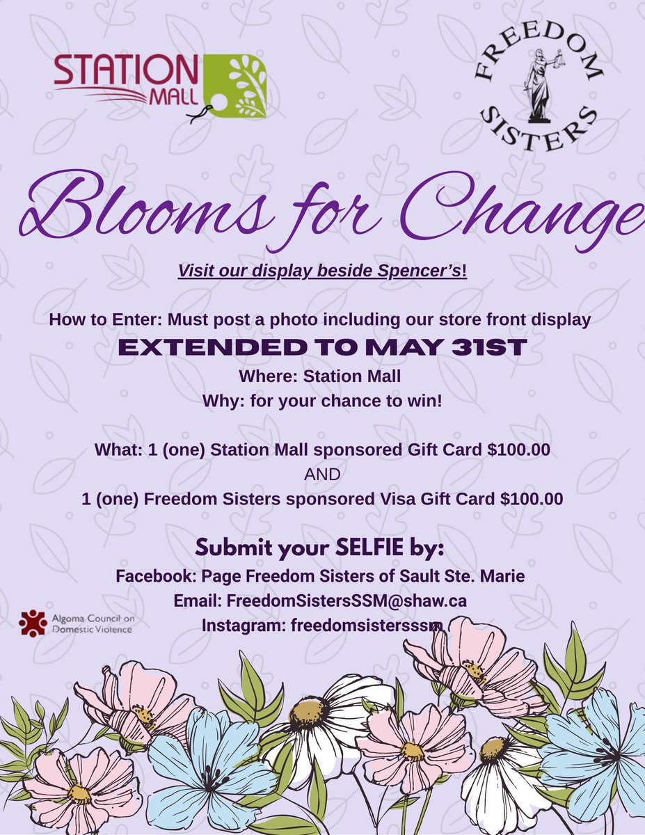 💜 Show support, raise awareness, and WIN!
We stopped by the Freedom Sisters, Sault Ste. Marie display at Station Mall—now it’s YOUR turn!

📸 Snap a selfie with the display &amp; enter to win amazing prizes!

Let’s bloom for change! 
#BloomsForChange #IPVAwareness #FreedomSistersSSM