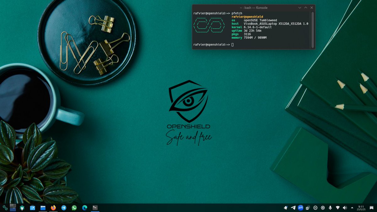 4Sentinell's tweet image. Un fin de semana mas con esta maravillosa distribución. Que tengan un excelente fin de semana, sin fanatismo ni toxicidad, demostrando que somos una comunidad pensante.

#ViernesDeEscritorio #GNULinux #OpenSource #openSUSE #tumbleweed