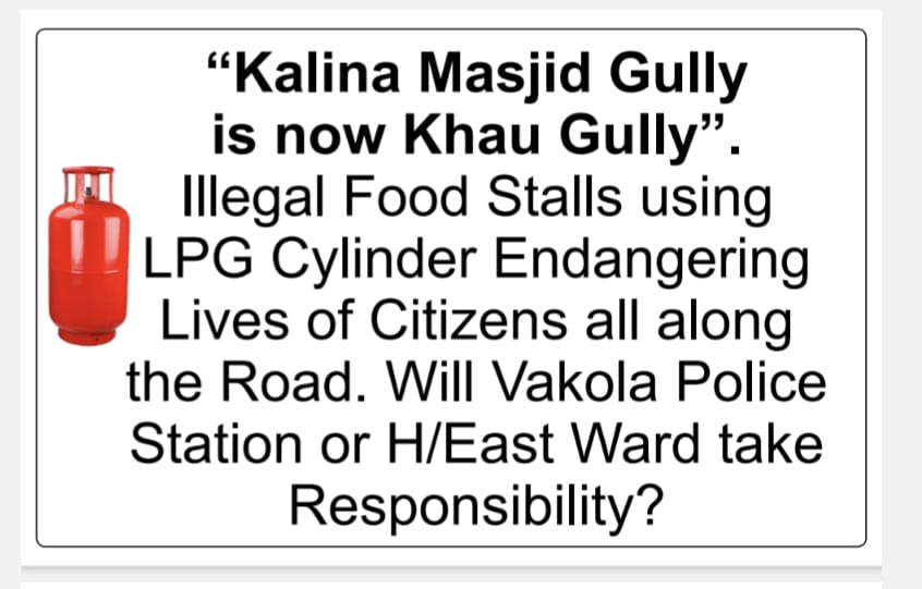 VOK (@tms190) on Twitter photo Kalina Masjid Gully is now official Khau Gully says Voice of Kalina -ALM. Will the Vakola police Station or H/East Ward authority take responsibility in event of a disaster. <a href="/mybmcWardHE/">Ward HE BMC</a> <a href="/VakolaPS/">рд╡рд╛рдХреЛрд▓рд╛ рдкреЛрд▓реАрд╕ рдард╛рдгреЗ тАУ Vakola PS Mumbai</a> <a href="/brijesh230805/">Brijesh Sharma</a> <a href="/MelwynF55275571/">Melwyn Fernandes</a> <a href="/Ashcorruption/">Ashcorruption</a> <a href="/Kamlakar_Shenoy/">Kamlakar Shenoy</a> <a href="/Petition_Group/">PetitionGroup</a> Kalina Masjid Gully is now official Khau Gully says Voice of Kalina -ALM. Will the Vakola police Station or H/East Ward authority take responsibility in event of a disaster. <a href="/mybmcWardHE/">Ward HE BMC</a> <a href="/VakolaPS/">рд╡рд╛рдХреЛрд▓рд╛ рдкреЛрд▓реАрд╕ рдард╛рдгреЗ тАУ Vakola PS Mumbai</a> <a href="/brijesh230805/">Brijesh Sharma</a> <a href="/MelwynF55275571/">Melwyn Fernandes</a> <a href="/Ashcorruption/">Ashcorruption</a> <a href="/Kamlakar_Shenoy/">Kamlakar Shenoy</a> <a href="/Petition_Group/">PetitionGroup</a>