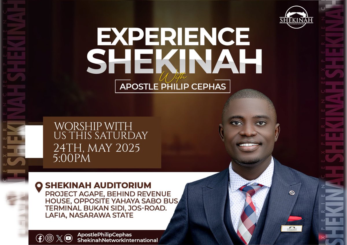 ShekinahNetwork's tweet photo. Encounter the power of God's love, intense worship, heartfelt prayers, and the enriching wisdom of God’s Word as you fellowship with us at Shekinah Auditorium, Project Agape, Behind Revenue House, Opposite Yahaya Sabo Bus https://t.co/g84wOZqJAS
