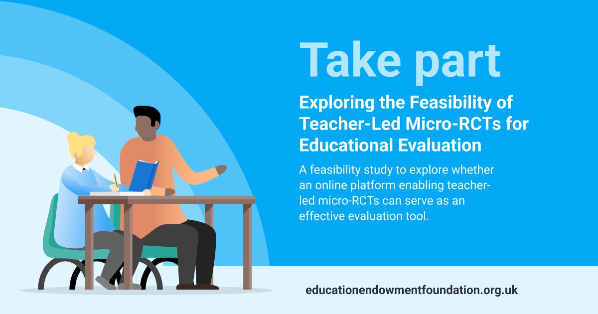 EEF (@educendowfoundn) on Twitter photo 📣Calling primary schools!
We're looking for classes to take part in a brand-new <a href="/WhatWorked/">WhatWorkedEducation</a> study to test the feasibility of a new research method – teacher-led micro RCTs.
You'll test a spelling intervention and receive a tailored impact report.
Info: tinyurl.com/mrrm27zs 📣Calling primary schools!
We're looking for classes to take part in a brand-new <a href="/WhatWorked/">WhatWorkedEducation</a> study to test the feasibility of a new research method – teacher-led micro RCTs.
You'll test a spelling intervention and receive a tailored impact report.
Info: tinyurl.com/mrrm27zs