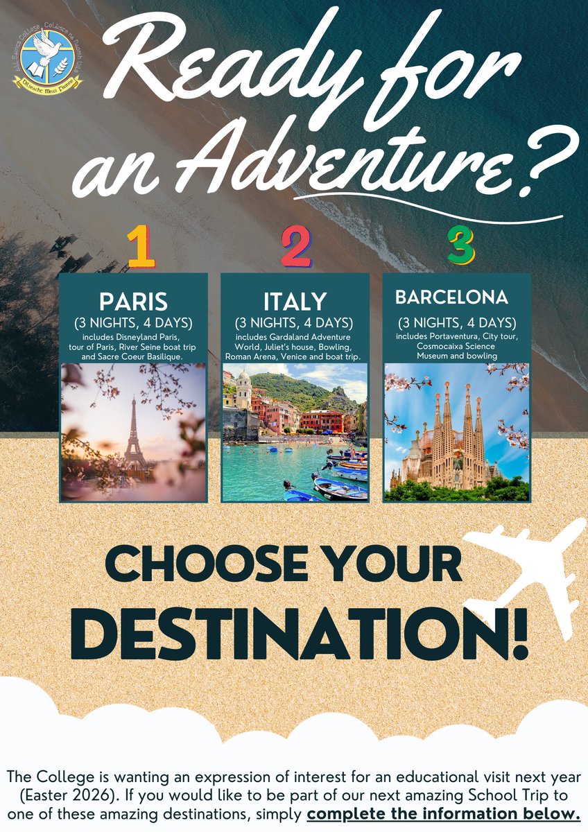 We are organising a trip abroad next Easter to a theme park in Europe. Will it be Spain, France or Italy? The destination with the most votes will be organised before the Summer break.  Voting sheets will be available from Ms Mullan next week. Get your votes in!! 🇫🇷 🇮🇹 🇪🇸