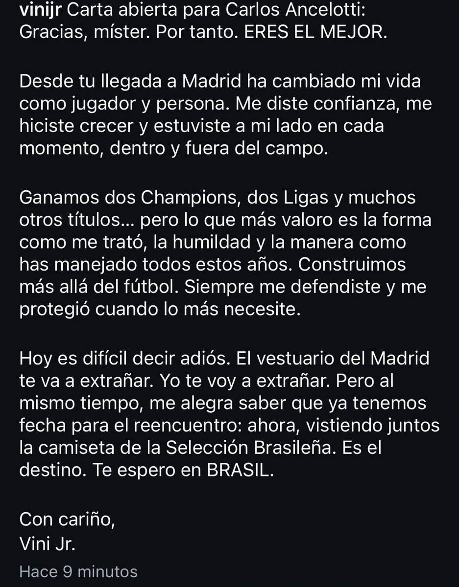 Vinicius le ha hecho una carta a Ancelotti. Me voy a llorar.