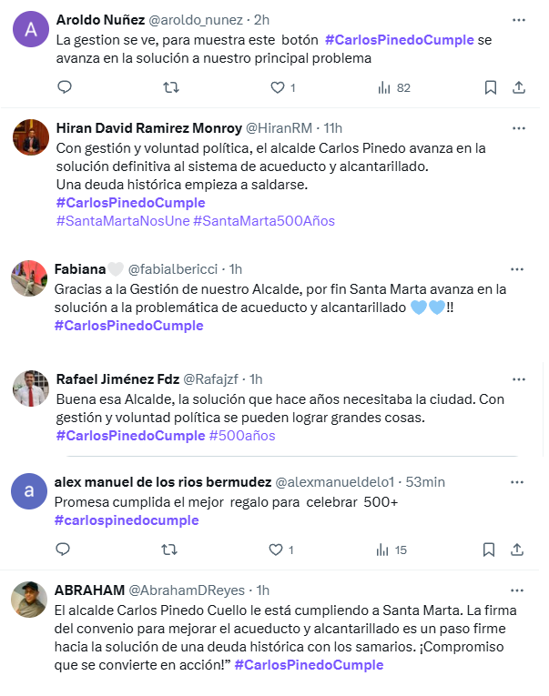 «#CarlosPinedoCumple», porque activistas resaltan la labor del alcalde de Santa Marta, Carlos Pinedo, al lograr un convenio con el gobierno de <a href="/petrogustavo/">Gustavo Petro</a> para solucionar el problema del acueducto y alcantarillado en la ciudad. 🤝🏽