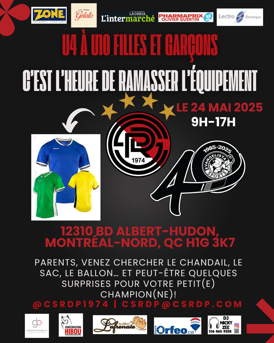 CSRDP1974's tweet photo. Cueillette de l’équipement ce samedi!

Salut les familles de soccer! N’oubliez pas — la cueillette de l’équipement, c’est ce samedi 24 mai, de 9h à 17h! 
 À noter : En raison de travaux, l’accès au bâtiment se fait uniquement par la rue Léger. Prévoyez votre trajet! https://t.co/u75e0zms66