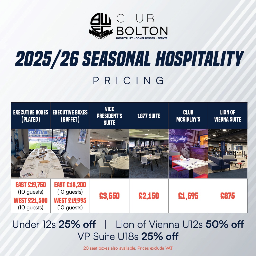 OfficialBWFC's tweet photo. 🤩 Why not treat yourself to top-of-the-range @ClubBolton_ hospitality for all of the 2025/26 season?

Each package comes with a full list of benefits including big discounts 🤝 

Click below to find out more and to see what's on offer 👇

#bwfc