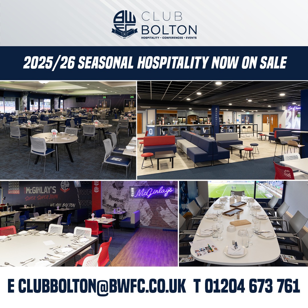 OfficialBWFC's tweet photo. 🤩 Why not treat yourself to top-of-the-range @ClubBolton_ hospitality for all of the 2025/26 season?

Each package comes with a full list of benefits including big discounts 🤝 

Click below to find out more and to see what's on offer 👇

#bwfc