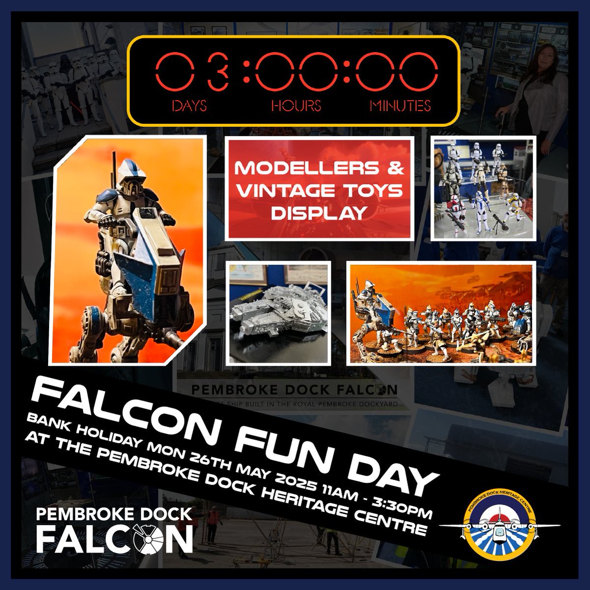 PDHeritageCent's tweet photo. Only 3 days until Falcon Fun Day!!! Which of your heroes will you meet this time? Get light saber training, genuine Star Wars merch and models + BBQ. Pembroke Dock Heritage Trust (SA72 6WS), 26 May 11am-3:30pm. https://t.co/WJ8j7nUV1T #starwars #millenniumfalcon #falconfunday https://t.co/cjzHPszbRv