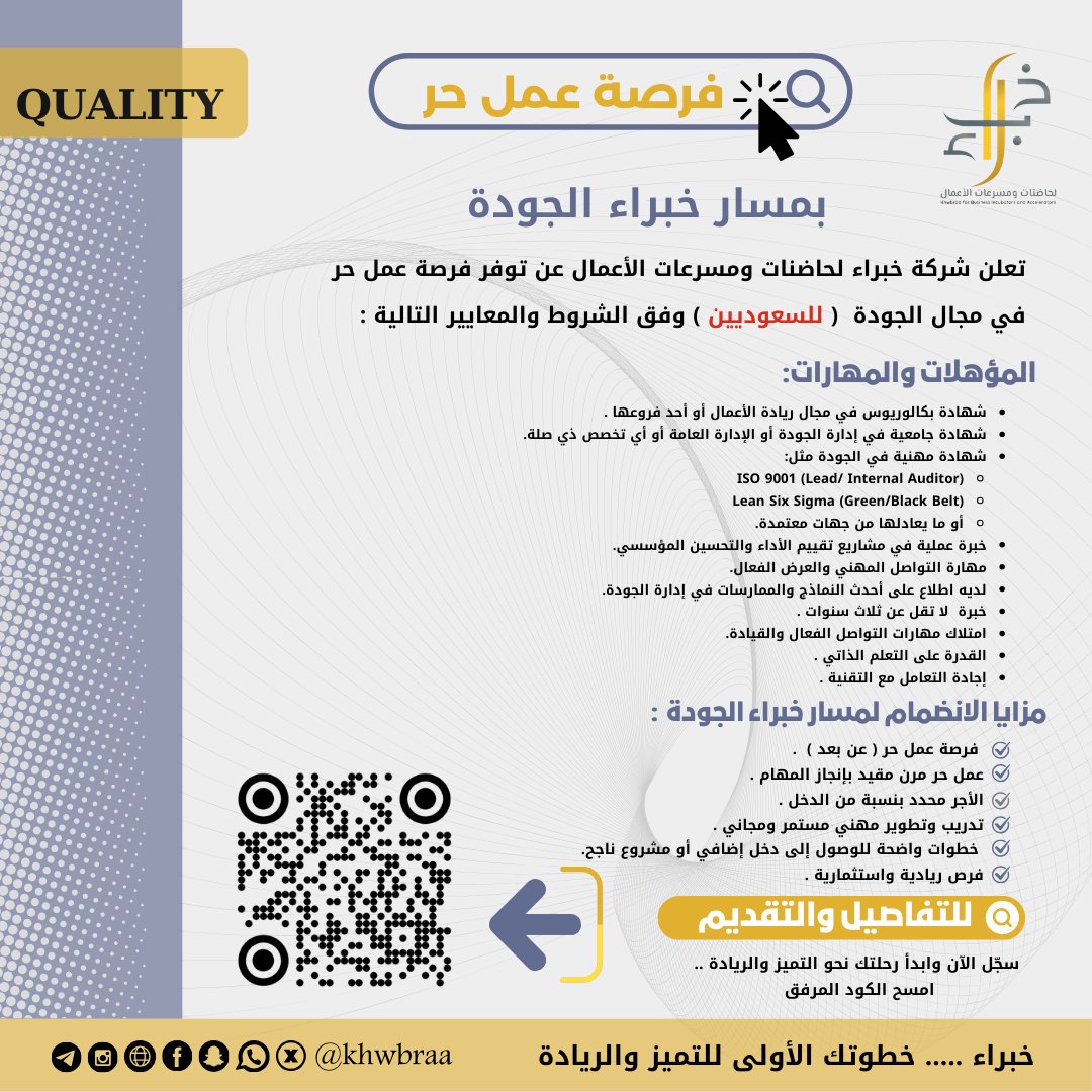 #خبراء
#السعودية_العظمى
#نحلم_ونحقق
#ارض_عامره
و #الوعد2030

#فرصة #عمل_حر

هل أنت شغوف بـ #الجودة و #تحسين_الأداء⁉️
هل ترى أن الجودة ليست خيارًا..بل أسلوب حياة⁉️

الآن فرصتك لتكون أحدخبراء الجودة والتميز المؤسسي

انضم الآن إلى مسارخبراء الجودة
⬇️⬇️
 امسح الكود أوتواصل مع @QMK4IA
