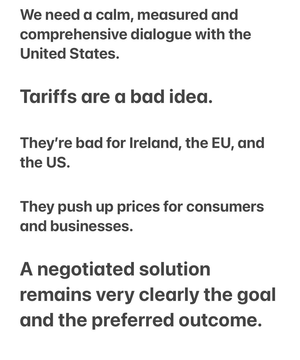 Tariffs are bad for Ireland, the EU &amp; the US. 
They hurt consumers, businesses &amp; jobs. 
We need calm and measured dialogue with the US. 
Negotiation is the only path forward. 

My full statement: 
gov.ie/en/department-…