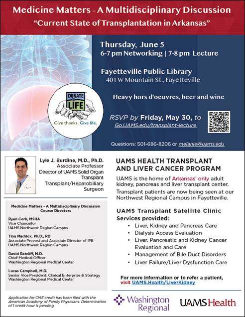 UAMS Northwest Regional Campus (@uamsnwcampus) on Twitter photo Come experience a newly launched lecture series that is sponsored by UAMS, NWA Clinic Programs and
<a href="/wregional/">Washington Regional</a>. Starting June 5, the series will be held in spring, summer and fall, and will feature guest lectures with a format modeled on UAMS Cardiac, Chest and Gut Clubs. Come experience a newly launched lecture series that is sponsored by UAMS, NWA Clinic Programs and
<a href="/wregional/">Washington Regional</a>. Starting June 5, the series will be held in spring, summer and fall, and will feature guest lectures with a format modeled on UAMS Cardiac, Chest and Gut Clubs.