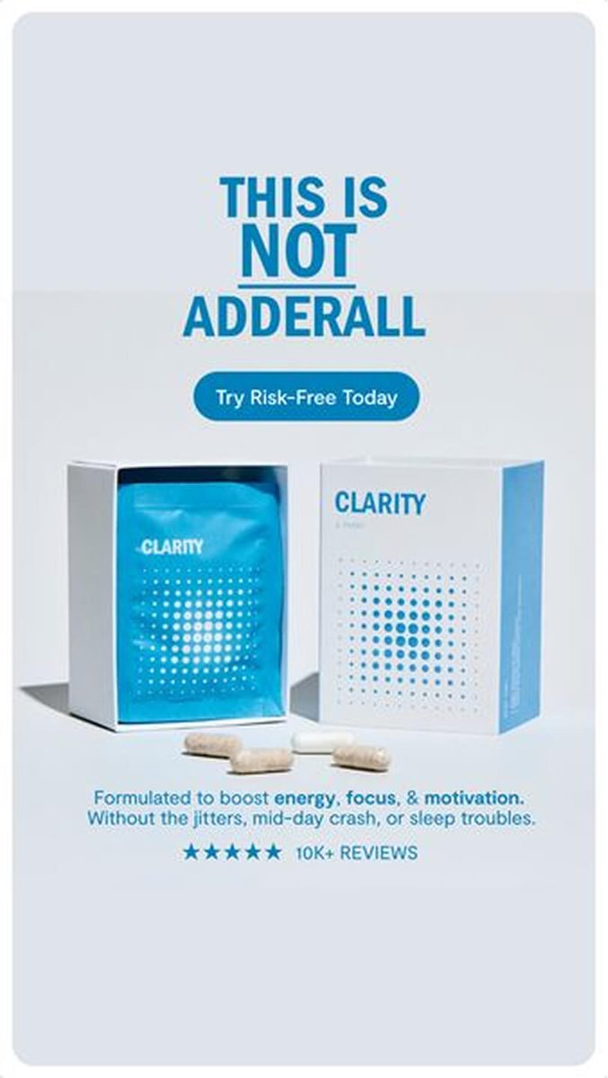 Bold hooks can grab attention.

But bold alone won’t convert.

Take this ad from Clarity:

-Clean visuals.
-Science-forward positioning.
-A smart angle in a sensitive category.

And a provocative line—“This is NOT Adderall.”

But is it built to perform?

Here’s where it hits—and