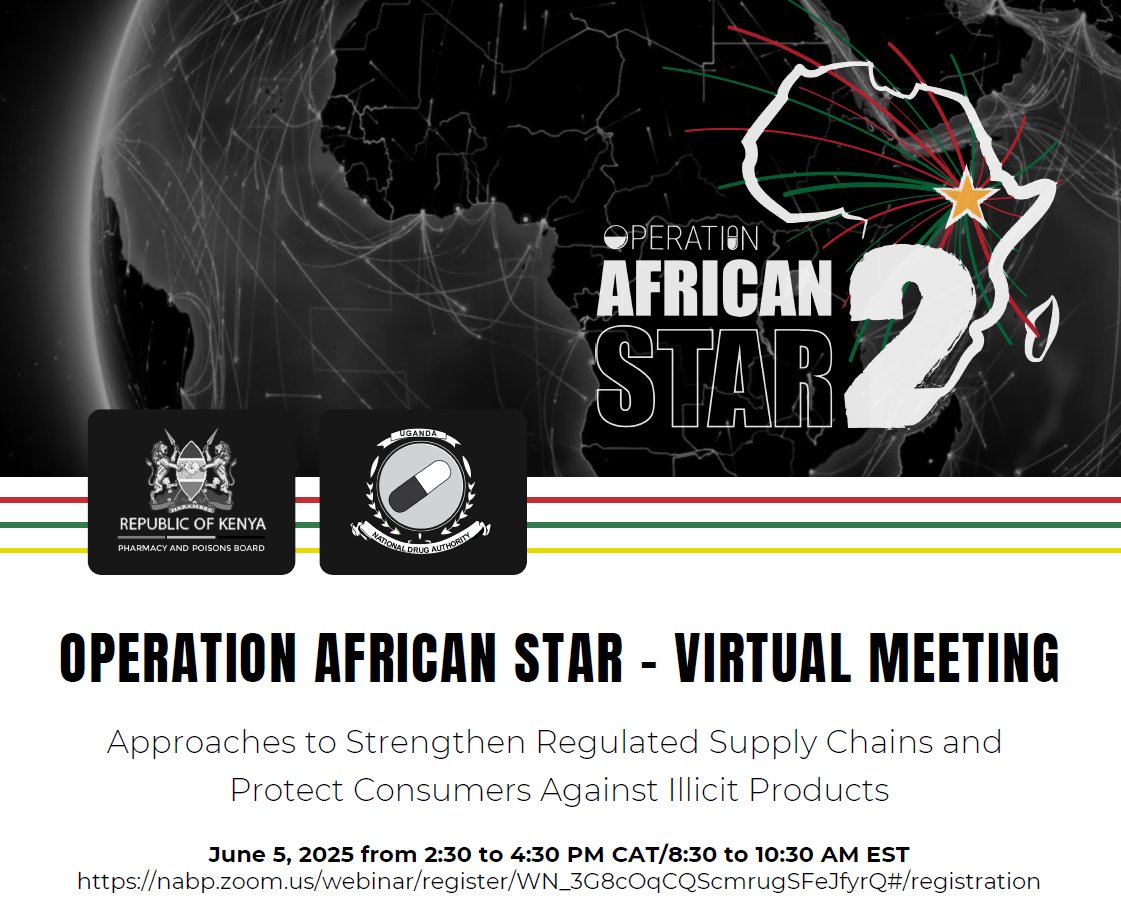 National Association of Boards of Pharmacy (@nabp) on Twitter photo Sign up for the first virtual meeting of Operation African Star 2 on June 5 from 7:30-9:30 AM CST.
In this webinar, stakeholders will discuss approaches to strengthen regulated supply chains and protect consumers. Register now 🔗 ow.ly/JN8N50VVb4f
<a href="/UNDAuthority/">Uganda National Drug Authority</a> <a href="/ppbkenya/">Pharmacy and Poisons</a> Sign up for the first virtual meeting of Operation African Star 2 on June 5 from 7:30-9:30 AM CST.
In this webinar, stakeholders will discuss approaches to strengthen regulated supply chains and protect consumers. Register now 🔗 ow.ly/JN8N50VVb4f
<a href="/UNDAuthority/">Uganda National Drug Authority</a> <a href="/ppbkenya/">Pharmacy and Poisons</a>