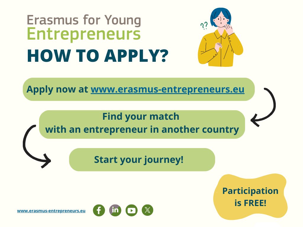 Aspiring entrepreneur? 🌍 The EYE programme lets you learn from experienced business owners abroad! ✈️

Just upload your CV + business plan &amp; apply👇
ow.ly/CBWI50VXFwZ

#Entrepreneurship #Mentorship #ErasmusEntrepreneurs #Startups