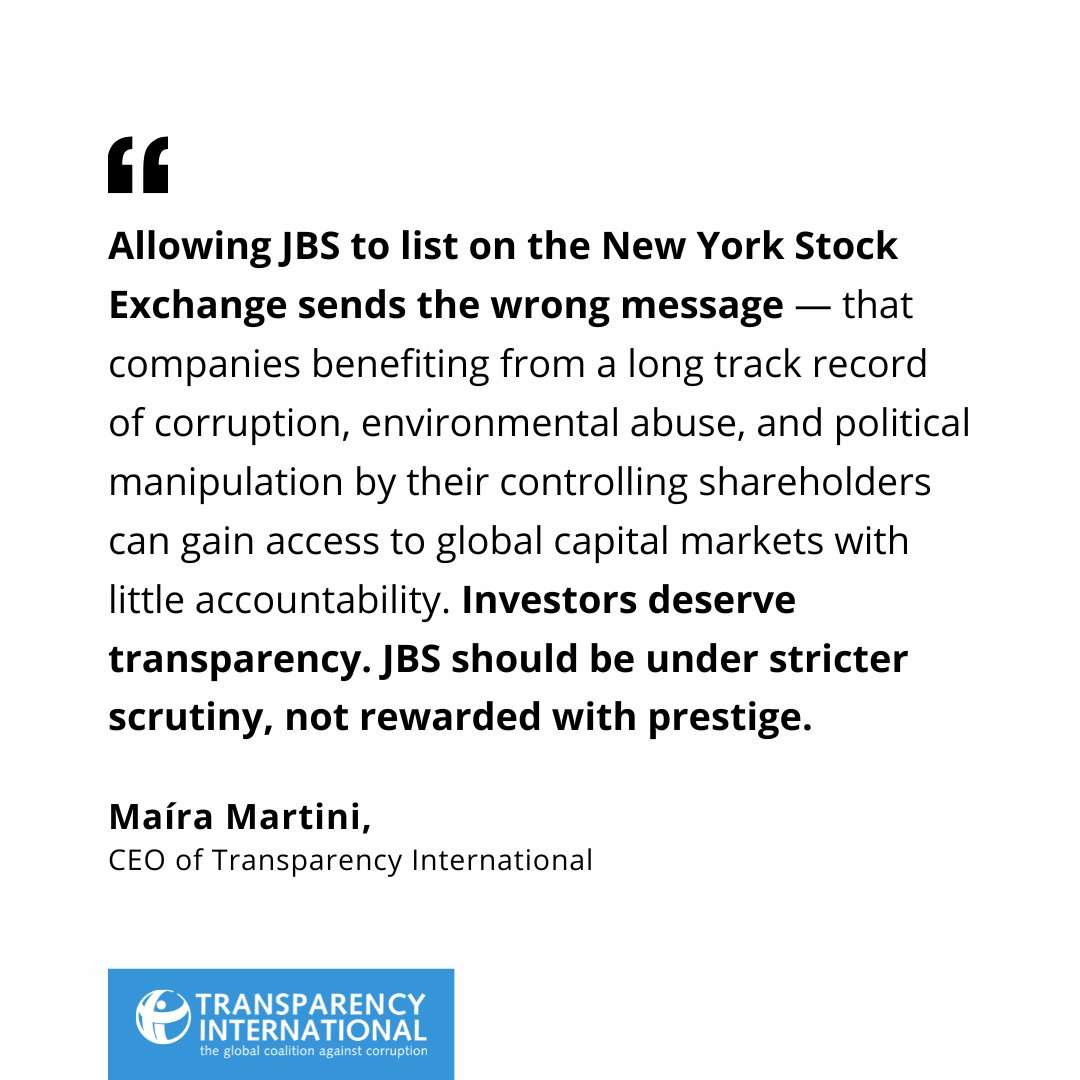 Despite years of scandals, Brazilian company JBS is poised to go public on the NYSE, with little accountability. 

We believe it sends the wrong message. ⬇️