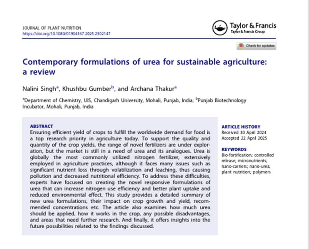 Punjab Biotechnology Incubator(PBTI) (@pbti_dst) on Twitter photo Congratulations Dr <a href="/KhushbuGumber/">Khushbu Gumber</a> Scientist <a href="/pbti_dst/">Punjab Biotechnology Incubator(PBTI)</a> and co authors for publication of Article on “Contemporary formulations of urea for sustainable agriculture: a review” in Journal of Plant Nutrition.
For More: doi.org/10.1080/019041… Congratulations Dr <a href="/KhushbuGumber/">Khushbu Gumber</a> Scientist <a href="/pbti_dst/">Punjab Biotechnology Incubator(PBTI)</a> and co authors for publication of Article on “Contemporary formulations of urea for sustainable agriculture: a review” in Journal of Plant Nutrition.
For More: doi.org/10.1080/019041…
