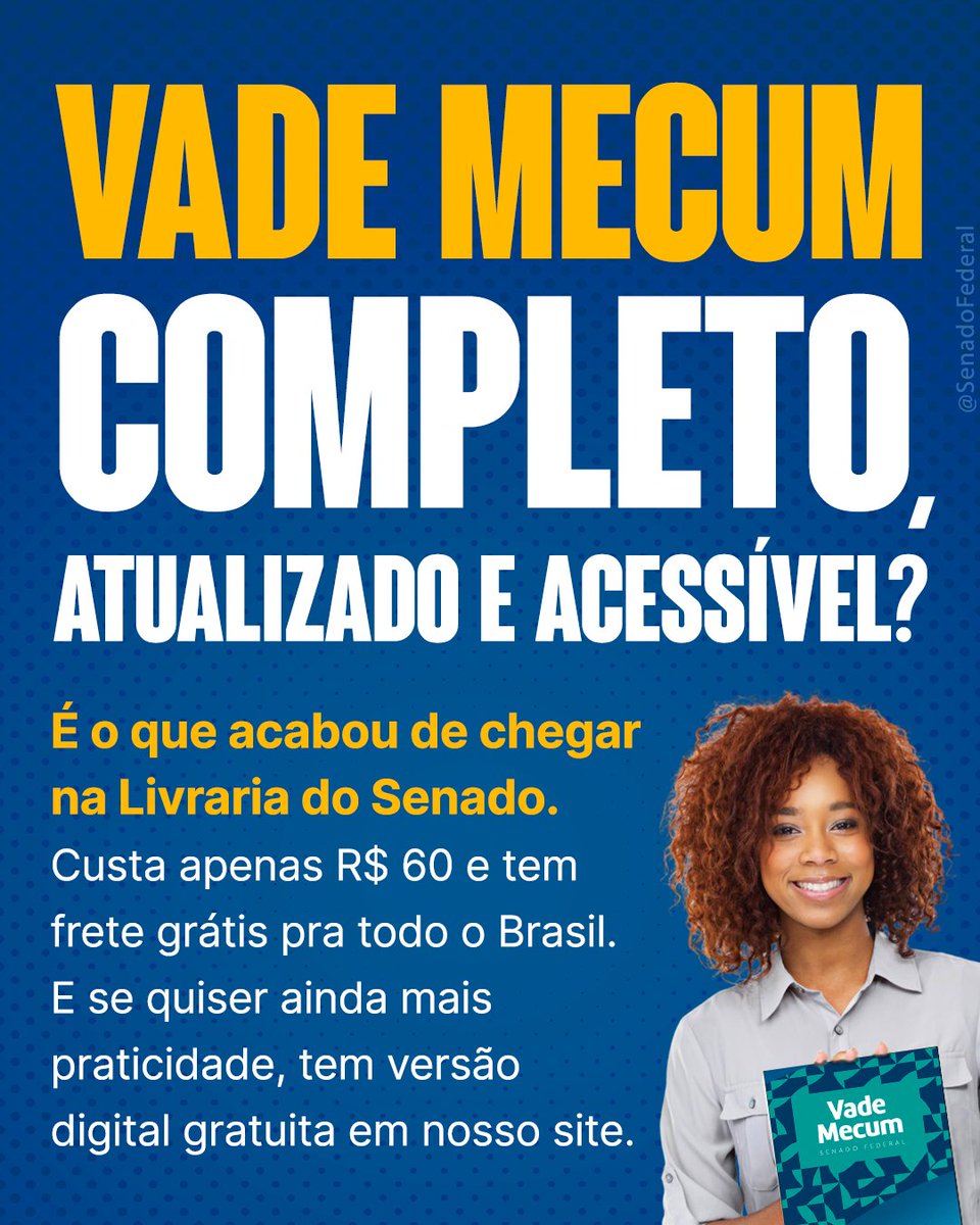 SenadoFederal's tweet photo. O vade mecum é um livro composto pelas normas fundamentais da legislação brasileira, essencial para o estudante de Direito. Interessou-se? Garanta o seu na Livraria do Senado: https://t.co/iUMw5dxzoq. É qualidade, economia e acesso à informação. https://t.co/WKLtwHUSV7