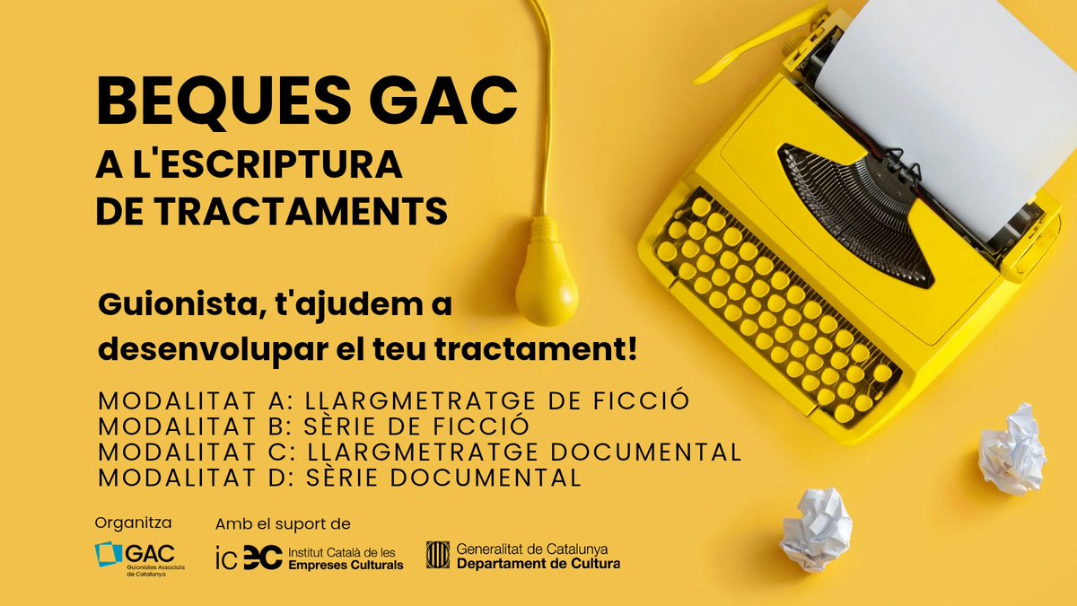 guionistes's tweet photo. Si ets guionista i tens un projecte de llargmetratge, sèrie de ficció o documental en fase de sinopsi, amb les #BequesGAC t’ajudem a desenvolupar el tractament! ✍️
🗓 Convocatòria fins al 3 de juny.
🔗 Informació i bases: https://t.co/iL34RFMNLO https://t.co/YdPCpN9GPi