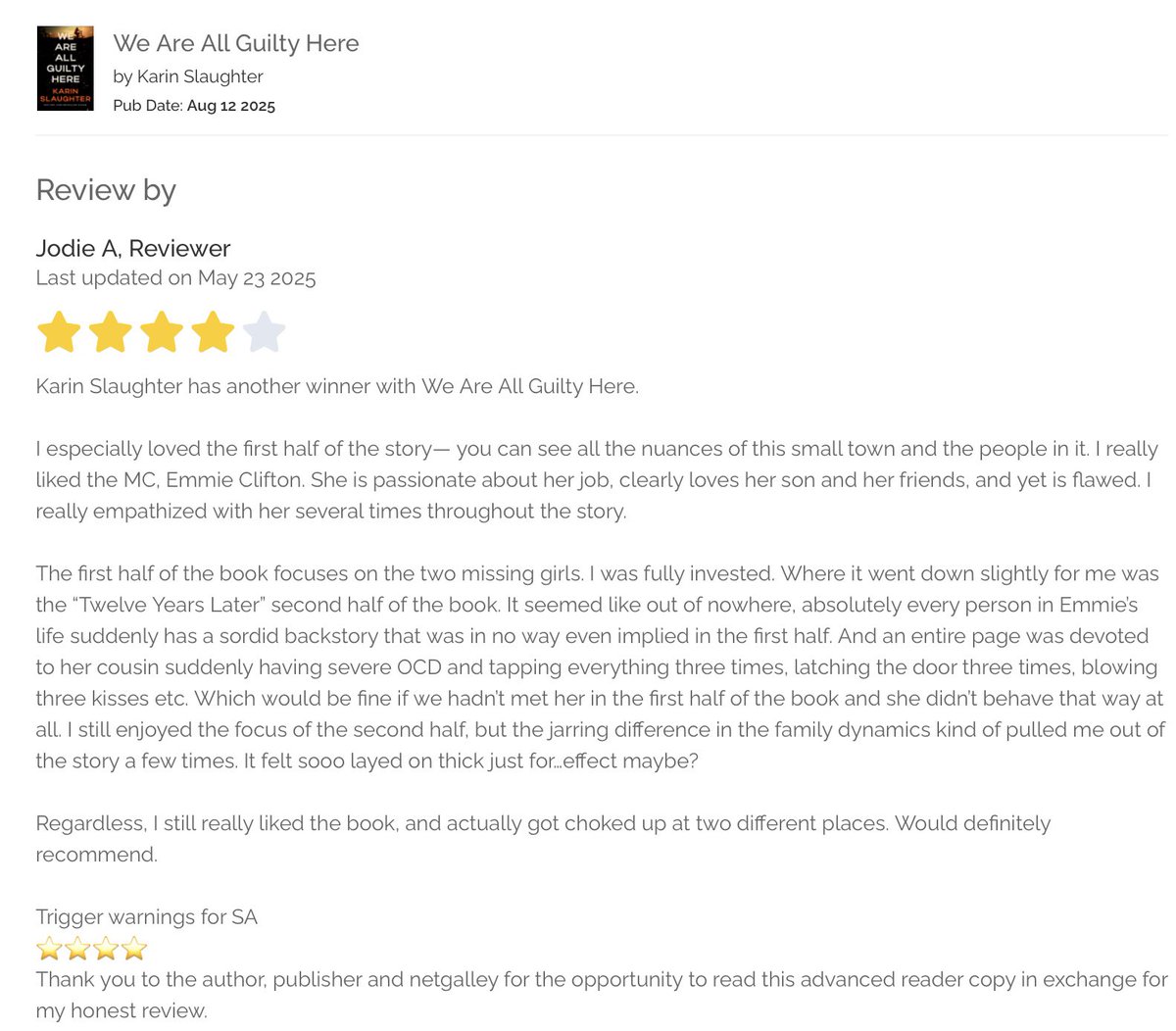 📚#BookReviews Karin Slaughter gives us another twisty suspense thriller with WE ARE ALL GUILTY HERE. Trigger warning of SA. Definitely recommend. #netgalley #WeAreAllGuiltyHere Release Date August 12, 2025. ⭐️⭐️⭐️⭐️