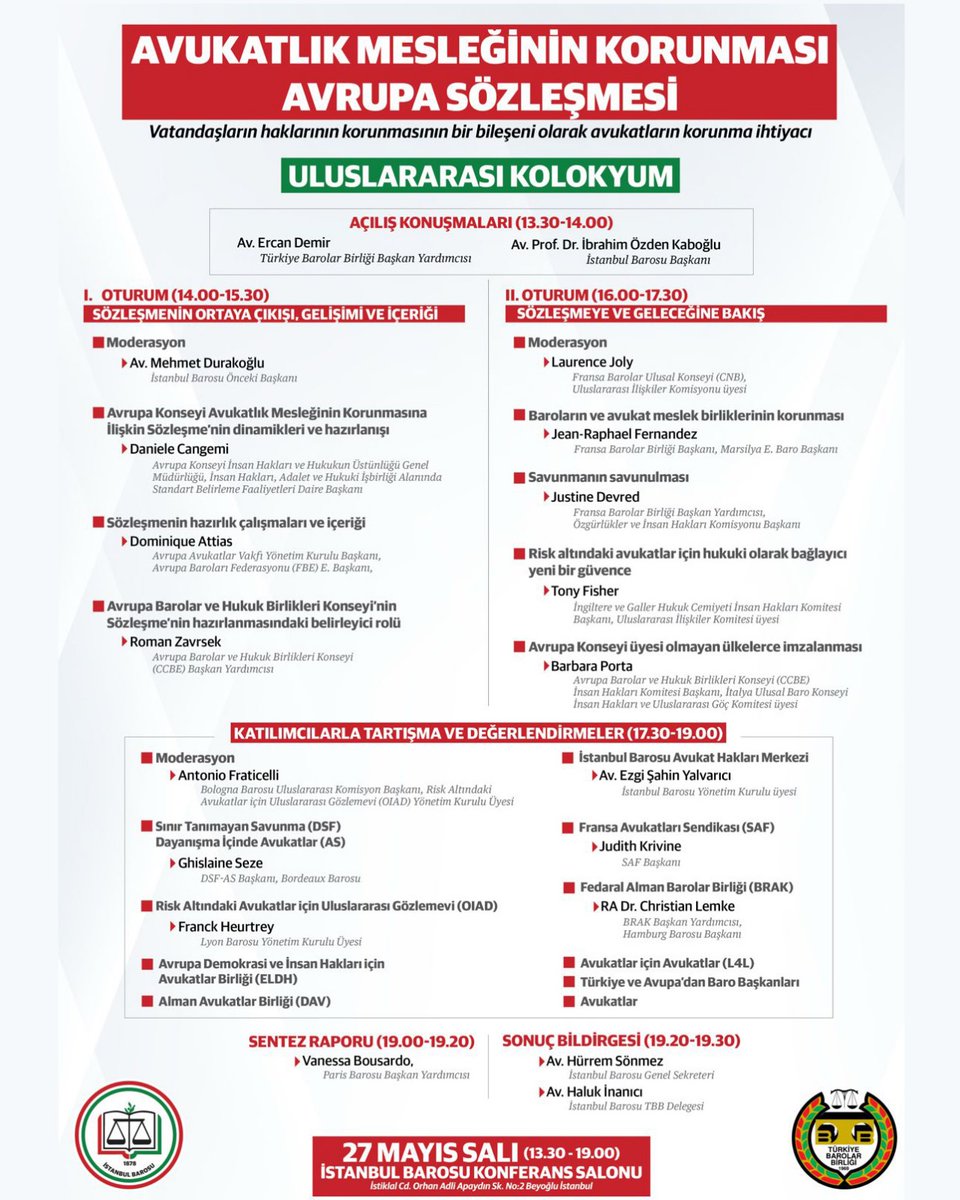 istbarosusem's tweet photo. Avukatlık Mesleğinin Korunması Avrupa Sözleşmesi’nin ele alınacağı, Sözleşmenin hazırlanmasına katkı sağlayan konukların konuşmacı olduğu uluslararası kolokyum 27 Mayıs Salı günü İstanbul Barosu Konferans Salonu’nda gerçekleştirilecektir.Etkinliğe tüm meslektaşlarımız davetlidir. https://t.co/iERZG2M8K0