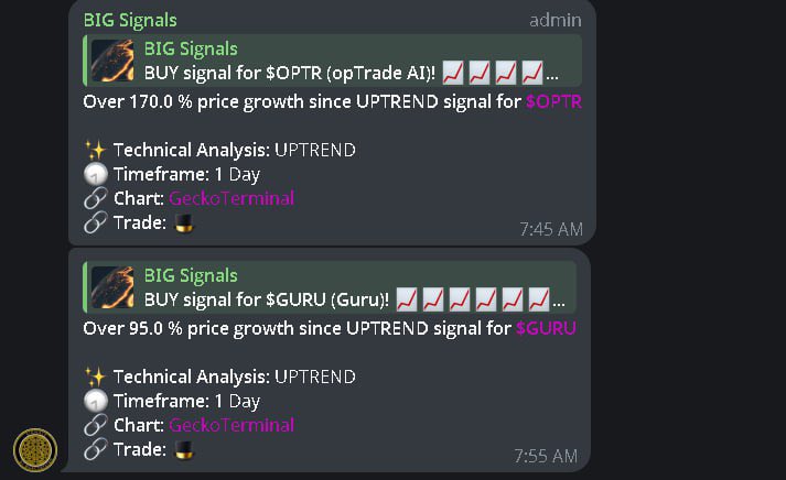 FixeraAI's tweet photo. The best Utility in #Crypto - Big Signals is printing trading signals for our Users 👀

$CNCT has 9 utilities already and below you see the use of one of them. ⚡️

Only the last few days ⬇️ 

$CTRL 100% after Signal 
$OPTR 170% after Signal 
$GURU 95% after Signal 
$Kendu 465% after Signal
$DeAI 120% after Signal 

Our product has printed 100s of them and has proven itself ✅

Thousands of users in hundreds of different groups already 🌎 

Start using now: 

https://t.co/ctNBWfpWkH

You need to hold $CNCT to use the BOT 🤖