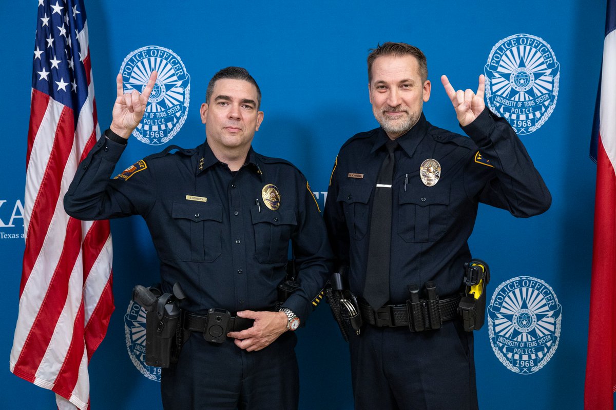 Today, we proudly welcome Officer Adam as he takes the oath to serve and protect the University of Texas at Austin community. Congratulations Officer Adam—Hook ‘Em!" 🤘 #HookEm
