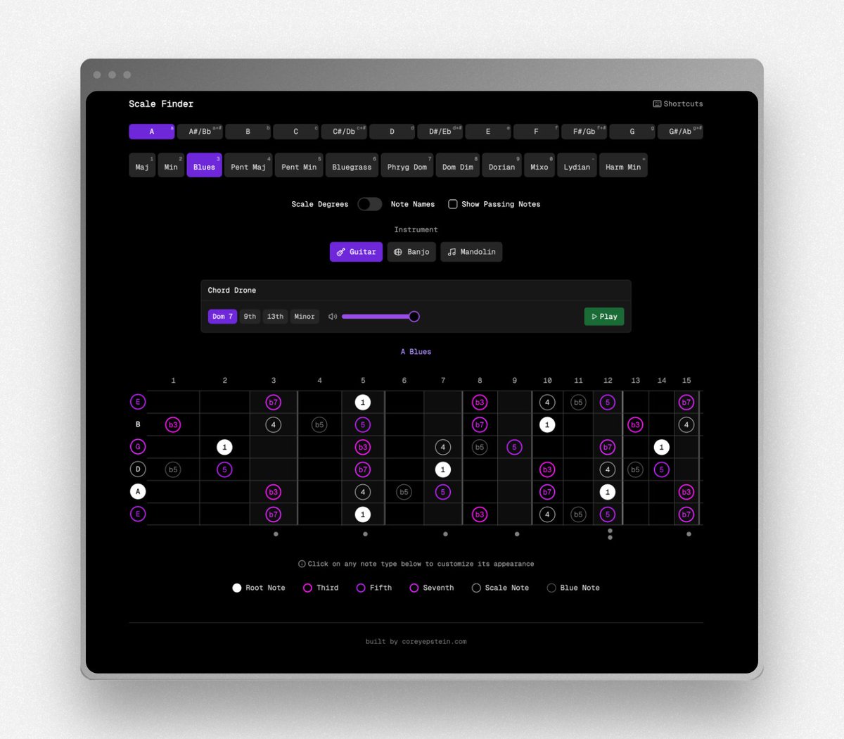 my proudest <a href="/v0/">v0</a> creation yet 🎸

practice scales/modes on guitar with:
- shortcuts to change root and mode
- chord drone that picks a form based on the mode
- ability to highlight functional harmony
- added banjo for my dad

the era of personal software is awesome :)