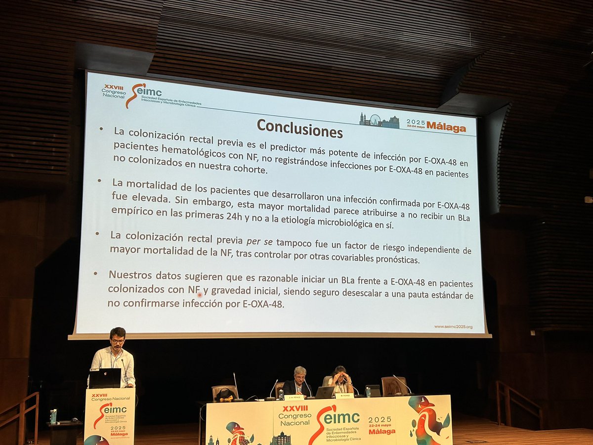 Miguel Rodríguez ha presentado nuestro trabajo sobre el impacto de la colonización rectal por Enterobacterias productoras de OXA48 en pacientes hematologicos con neutropenia febril,   seleccionado para la sesión de comunicaciones especiales en el congreso <a href="/SEIMC_/">SEIMC</a> <a href="/AGSSurSevilla/">AGS Sur de Sevilla</a>