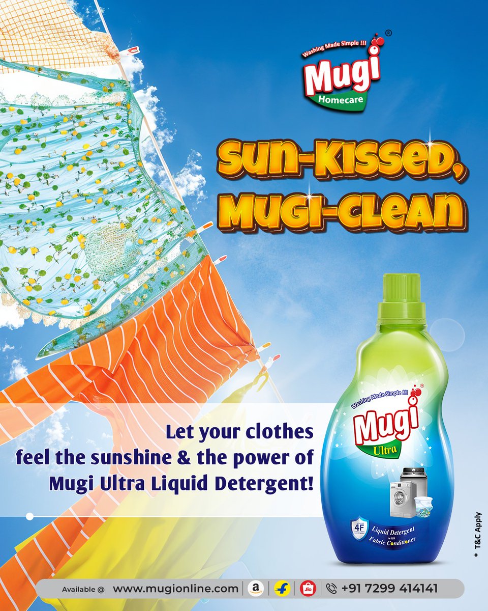 Mugi_Homecare's tweet image. Sun-kissed clothes, every day! Let Mugi Ultra Liquid Detergent bring the sunshine to your wardrobe. Powerful cleaning that leaves your clothes feeling fresh and clean.

#MugiUltra #LaundryLove #TransformYourWash #CleanAndFresh #MugiHomecare #LiquidDetergent #Cleaning #Laundry