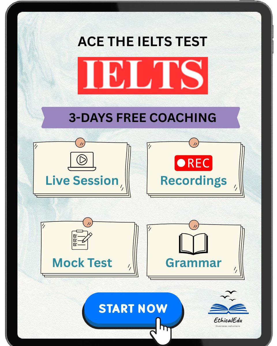Ethical_edu's tweet photo. 🎯 Crack the IELTS with Confidence – via EthicalEdu 
Join our 3-Day FREE Online Coaching for the score you need!
✅ Live Expert Classes
✅ Session Replays
✅ Full-Length Mock Tests
✅ Grammar &amp; Writing Tips
📅 Limited slots
#IELTS #IELTSPrep #FreeCoaching #StudyAbroad #EthicalEdu https://t.co/a11JZL9daU