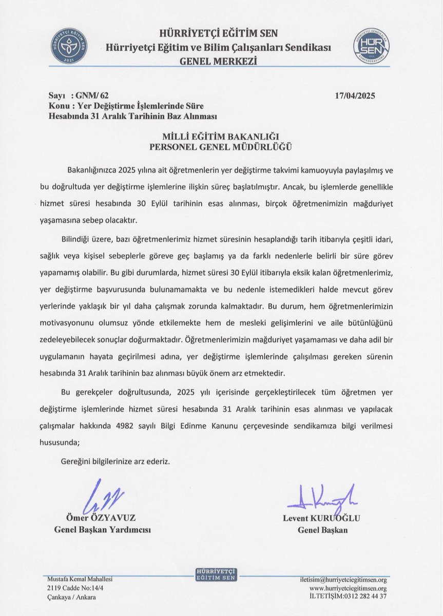 📢 DUYURU
17.04.2025 tarihinde Milli Eğitim Bakanlığına, öğretmenlerin isteğe bağlı yer değiştirme başvurularında süre hesabında 31 Aralık tarihinin esas alınması yönündeki talebimiz olumlu karşılanmıştır.

Böylece öğretmenlerimiz, iller arası isteğe bağlı yer değişikliği