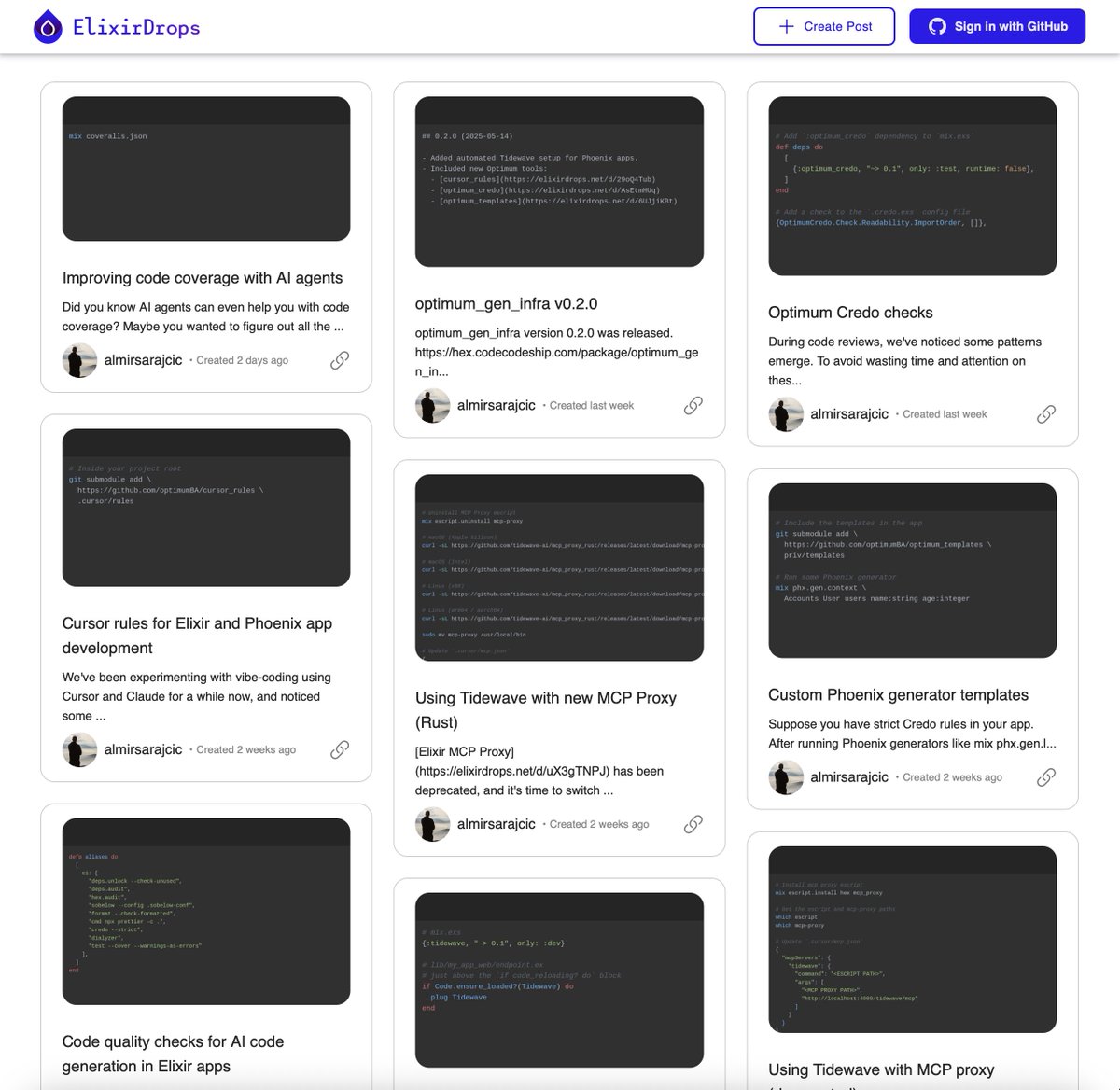 Inspired by Pinterest, we've redesigned our homepage.

Sharing your Elixir tips and tricks is more than welcome.
elixirdrops.net