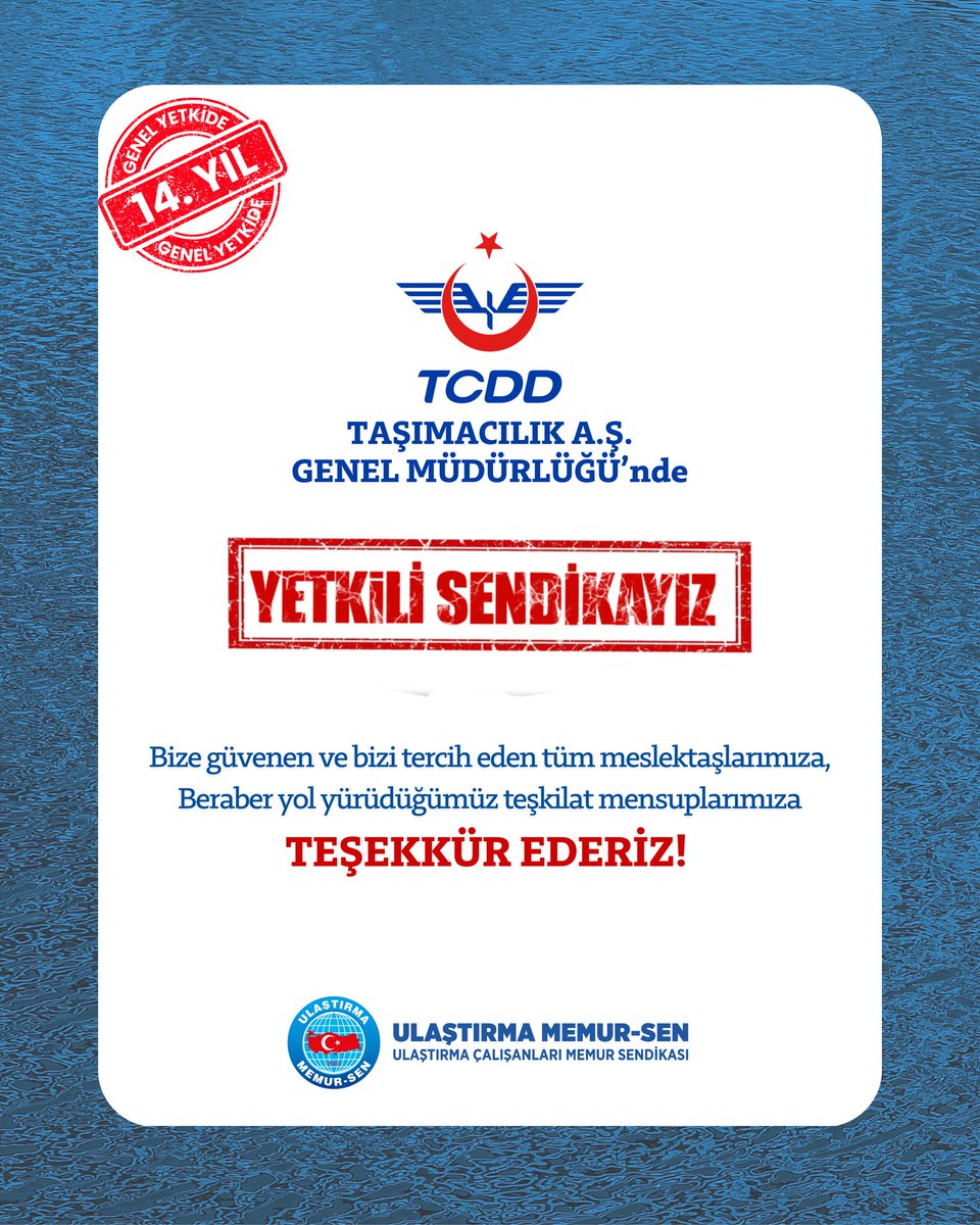 UCMSGenelMerkez's tweet photo. ✅️  TCDD Taşımacılık A.Ş.'de Yetkili Sendikayız!

TCDD Taşımacılık A.Ş. Genel Müdürlüğü'nde bize güvenen tüm meslektaşlarımıza ve beraber yol yürüdüğümüz teşkilat mensuplarımıza TEŞEKKÜR EDERİZ!

Üyesini Düşünen,
Üyesiyle Güçlenen,
Ulaştırma Memur-Sen!

#Yetkideİstikrar