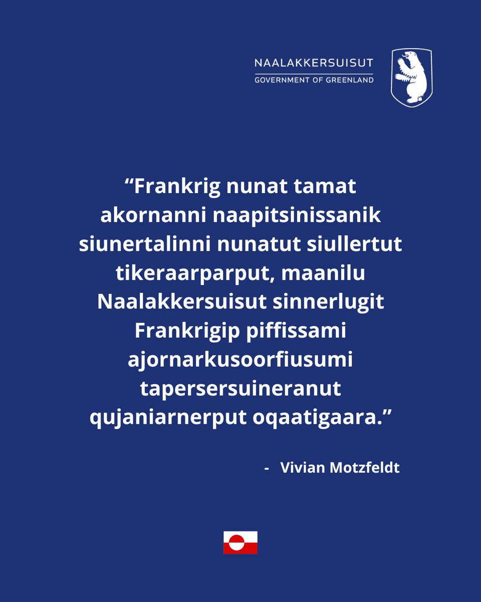 GreenlandEU's tweet photo. 🇬🇱🇫🇷

Naalakkersuisoq for Foreign Affairs and Research Vivian Motzfeldt, and Minister for Europe and Foreign Affairs of France Jean-Noël Barrot met on May 20, 2025, in Paris.

Access the press release:

https://t.co/PzGhYMobK6 https://t.co/28RNCAQHLG