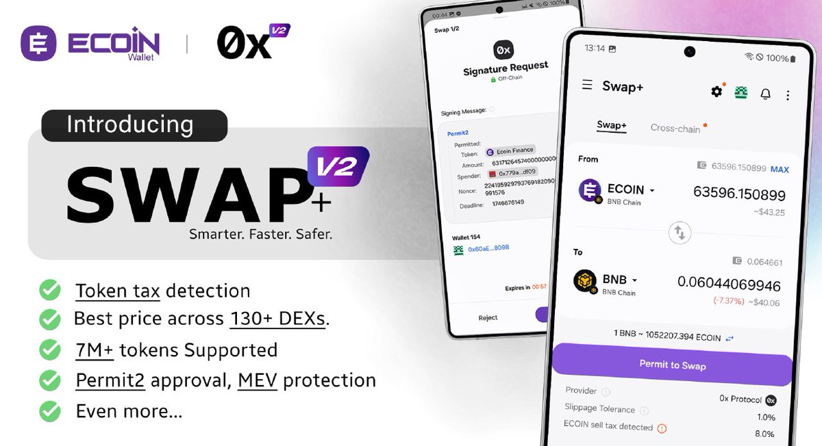 Version (1.7.3) 
(Released on May 23rd)   🔔

Introducing Smart Swap+ — powered by <a href="/0xProject/">0x @ TOKEN2049 🇸🇬</a> : smarter, faster, and more secure.

Easily the biggest update to ECOIN Wallet since launch when it comes to swaps. A complete upgrade — from the security core to how you interact with