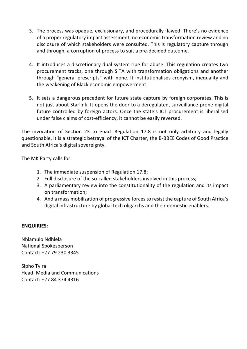 [MEDIA STATEMENT]: STATEMENT ON THE STARLINK SELL-OUT DEAL: A BETRAYAL DISGUISED AS REFORM.