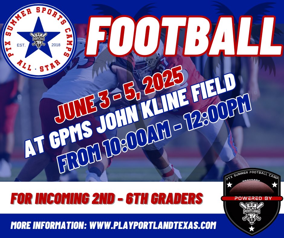 G-P Wildcat Athletics (@gpathletics1) on Twitter photo 🏈 Register today for the PTX Football Camp‼️
📅 June 3-5
⏰ 10 am - 12 pm
📍 John Kline Field @ GPMS
🔗 secure.rec1.com/TX/portland-tx…
<a href="/GPWildcatsFB/">Gregory-Portland Fighting Wildcat Football</a> 🏈 Register today for the PTX Football Camp‼️
📅 June 3-5
⏰ 10 am - 12 pm
📍 John Kline Field @ GPMS
🔗 secure.rec1.com/TX/portland-tx…
<a href="/GPWildcatsFB/">Gregory-Portland Fighting Wildcat Football</a>
