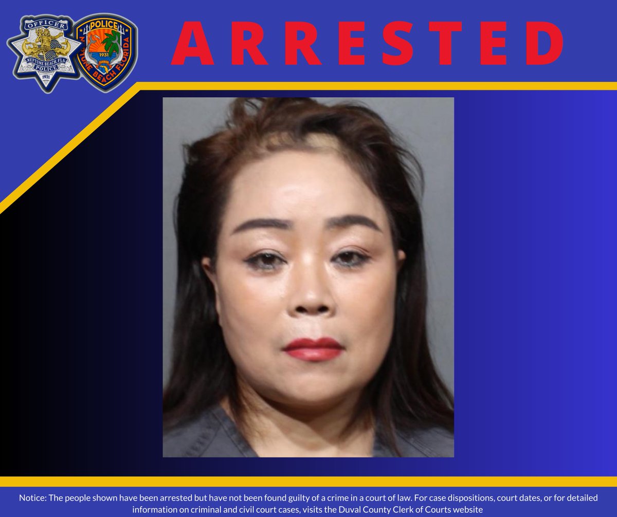 NeptBchPolice's tweet photo. Members of #YourNBPD’s CID &amp; JSO's Vice Unit conducted a prostitution investigation at 1475 Atlantic Blvd. (Serenity Spa).
Shulan Zhang was arrested for one misdemeanor count to Offer, Commit or Engage in Prostitution – 2nd Violation and transported to the Duval County Jail. https://t.co/NLxq6z62zk