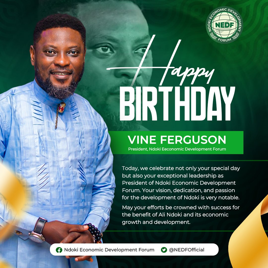 Happy Birthday, Mr. Vine Ferguson! 🎉 

Your passion &amp; vision for Ndoki's economic progress inspire us. Wishing you a joyous year ahead filled with good health, happiness &amp; fulfillment! 🙏 

#NdokiEconomicDevelopment #HappyBirthday #Ndoki #NEDF