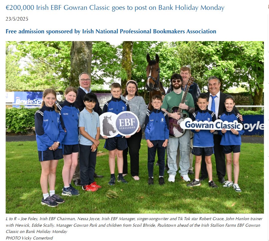 Irish Stallion Farms (@irishebf_) on Twitter photo €200,000 Irish EBF Gowran Classic goes to post on Bank Holiday Monday - ebfstallions.com/news
⭕️Free admission sponsored by <a href="/inpbaoc/">Irish National Professional Bookmakers Association</a> 👏
⭕️Live concert with TikTok star Robert Grace 🎸
⭕️'Meet The Racehorse' with Briar Hill <a href="/TreoEileRIR/">TREO EILE, Retraining Ireland's Racehorses</a>
⭕️Try the simulator with <a href="/RACEIreland/">RACE</a> 🐎 €200,000 Irish EBF Gowran Classic goes to post on Bank Holiday Monday - ebfstallions.com/news
⭕️Free admission sponsored by <a href="/inpbaoc/">Irish National Professional Bookmakers Association</a> 👏
⭕️Live concert with TikTok star Robert Grace 🎸
⭕️'Meet The Racehorse' with Briar Hill <a href="/TreoEileRIR/">TREO EILE, Retraining Ireland's Racehorses</a>
⭕️Try the simulator with <a href="/RACEIreland/">RACE</a> 🐎
