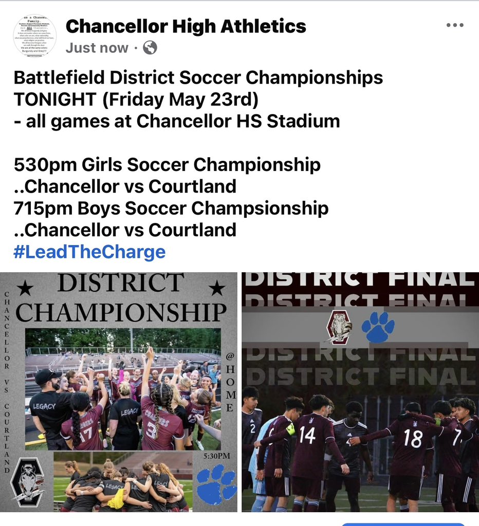 Battlefield District Soccer Championships
TONIGHT (Friday May 23rd)
- all games at Chancellor HS Stadium

530pm Girls Soccer Championship
..Chancellor vs Courtland
715pm Boys Soccer Champsionship
..Chancellor vs Courtland