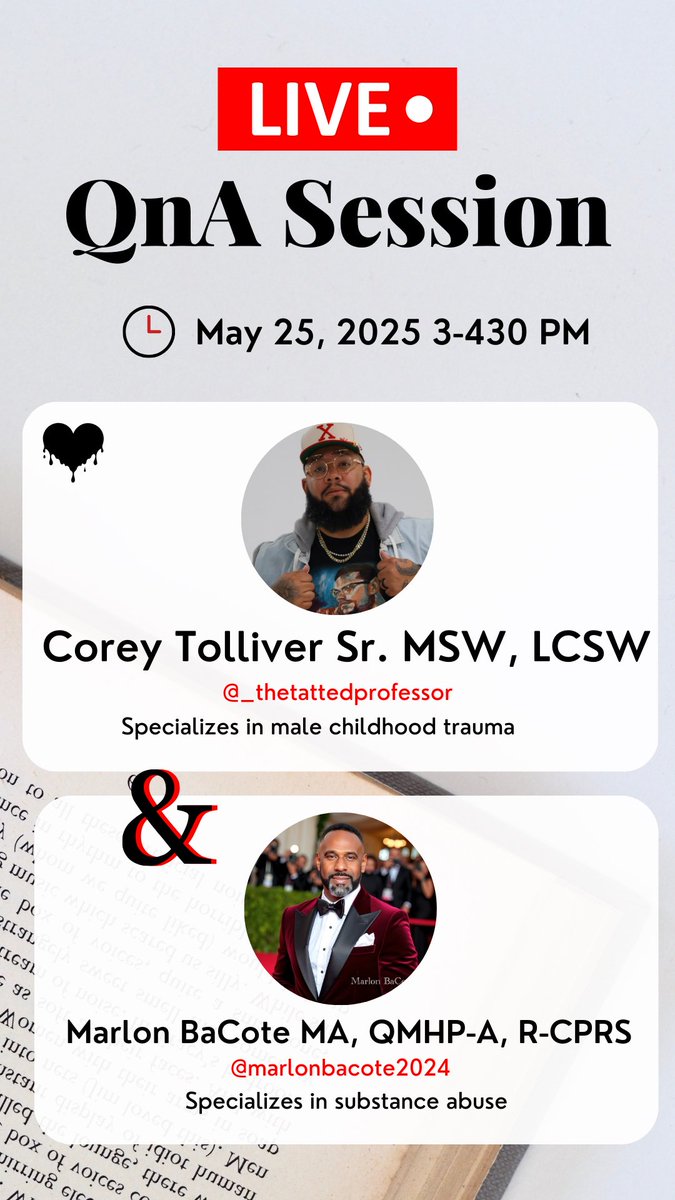 bacotem71's tweet photo. This Memorial Day Weekend, we’re going LIVE.
Childhood trauma meets substance use recovery in one powerful conversation.
Join @_thetattedprofessor &amp; @marlonbacote2024
Sun, May 25 | 3–4:30 PM
Q&amp;A. Real talk.
#MemorialDayWeekend #MentalHealth #Recovery #TraumaHealing #LiveQandA https://t.co/afPNScjEOL