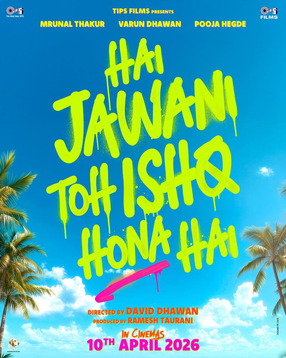 hegdepooja's tweet image. Double the trouble, triple the fun! Jab...’Hai Jawani toh Ishq Hona Hai’ hits cinemas on 10th April 2026

#DavidDhawan @rameshtaurani @tipsfilmsofficial #Maximilian @varundvn @hegdepooja @mrunalthakur @manieshpaul @jimmysheirgill @chunkypanday @imouniroy @kingaliasgar…