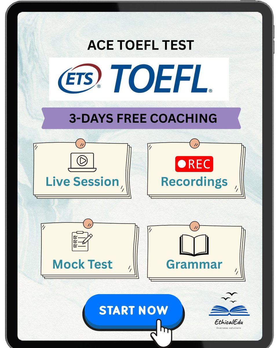 Ethical_edu's tweet photo. 🚀 Master the TOEFL – FREE Coaching by EthicalEdu 🎓
Enroll in our 3-Day Online Coaching Program today!
✅ Interactive Live Classes
✅ On-Demand Replays
✅ Exam-Based Mock Tests
✅ Grammar &amp; Listening Boosters
#TOEFL #TOEFLPreparation #OnlineLearning #StudyAbroad #EthicalEdu https://t.co/l6NhLBzDoM