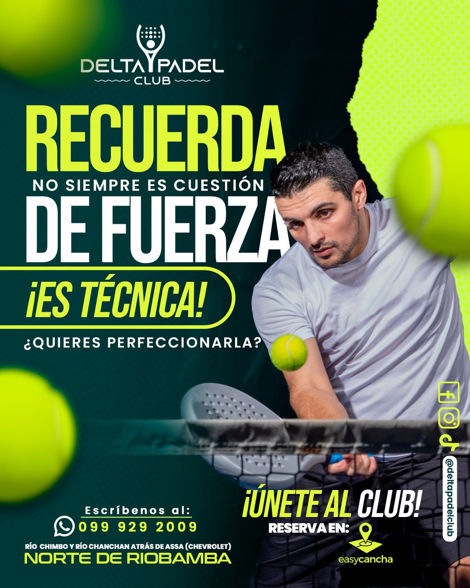 DigitalRiobamba's tweet image. ¡No es fuerza, es TÉCNICA! 🎯
¿Listo para jugar como pro? 🔥🎾
Ven al Delta Padel Club 💪🏼
Canchas full panorámicas 🏟️
¡Reserva ya en EasyCancha! 📲✅

📍 Norte de Riobamba
📞 099 929 2009

¡Te esperamos en la cancha! ⚡
#PadelTime #DeltaPadelClub #ReservaYa 🎾✨