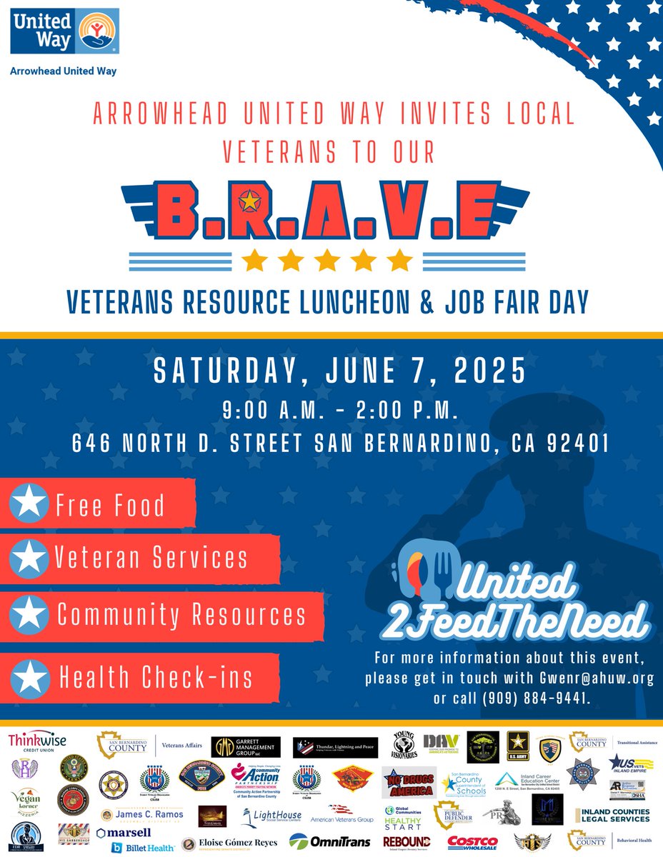 🗣️Calling all Veterans, Veteran Familes, and Veterans supporters you are invited to Arrowhead United Way's 1st Annual Beneficent Rapid Advanced Veteran Engagement (BRAVE) event Saturday June 7, 2025 for more information contact 909 884 9441. 
Dr. Gwen Dowdy Rodgers, President/CEO