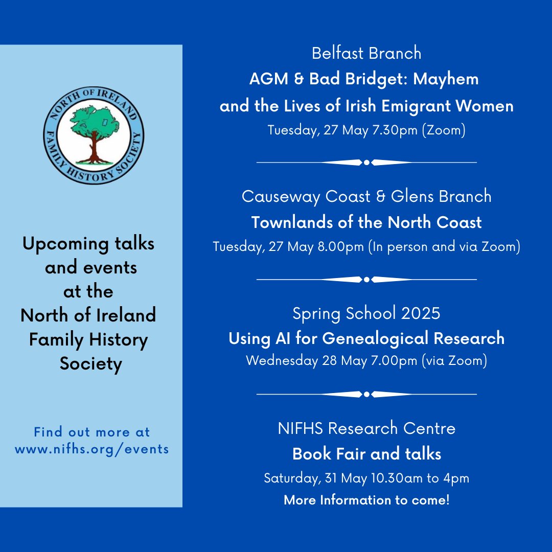 Find out more about Branch talks here: nifhs.org/events
Find out about Using AI for Genealogical Research here: nifhs.org/courses/
Watch this space for more information about the Book Fair!