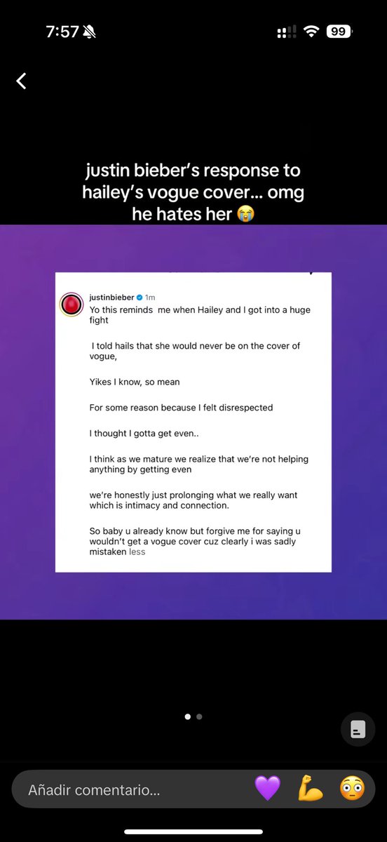 #CarlaYLonelyEnConvoy acá está lo que puso Justin en Instagram sobre la portada de su esposa en Vogue